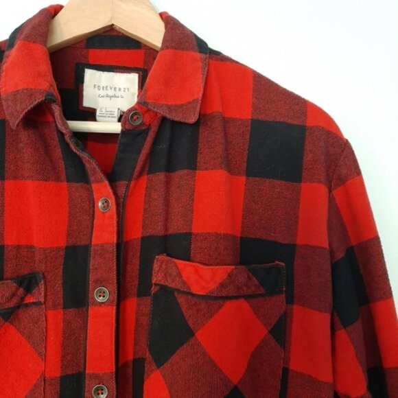 FOREVER 21 Classic Flannel Buffalo Check Plaid Button Down Shirt Red Black Sz S - Picture 4 of 13